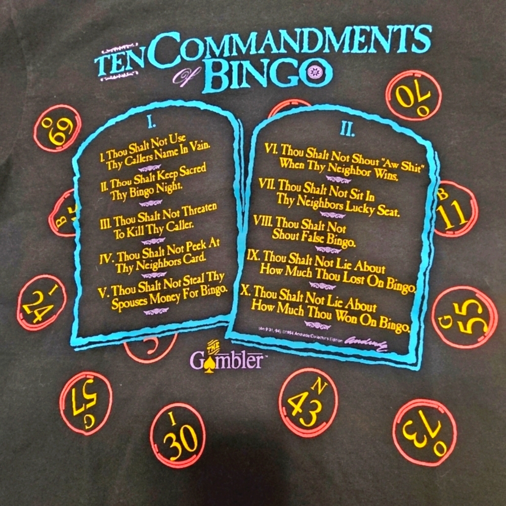 VINTAGE LAS VEGAS T-SHIRT " THE TEN COMMANDMENTS OF BINGO " Funny!!